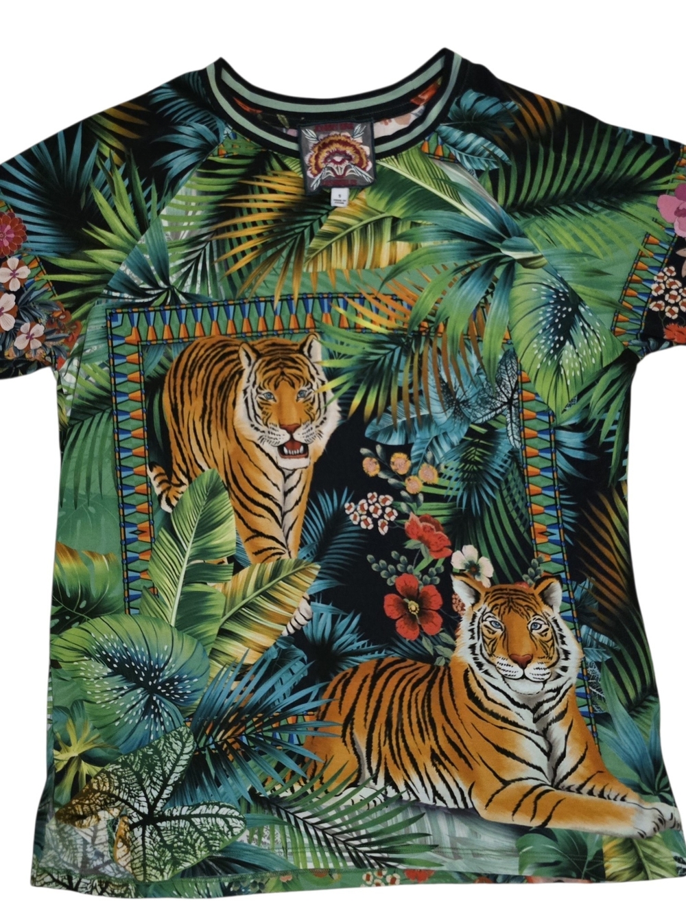 Johnny Was Green and Black Tropical Tiger Print Short Sleeve Tee